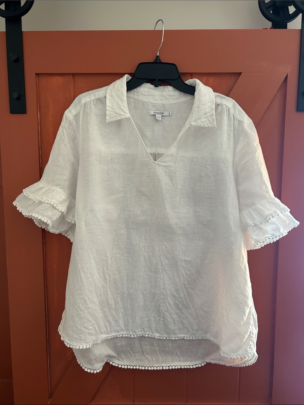 Chico's White 100% Linen Ruffle Sleeve Blouse